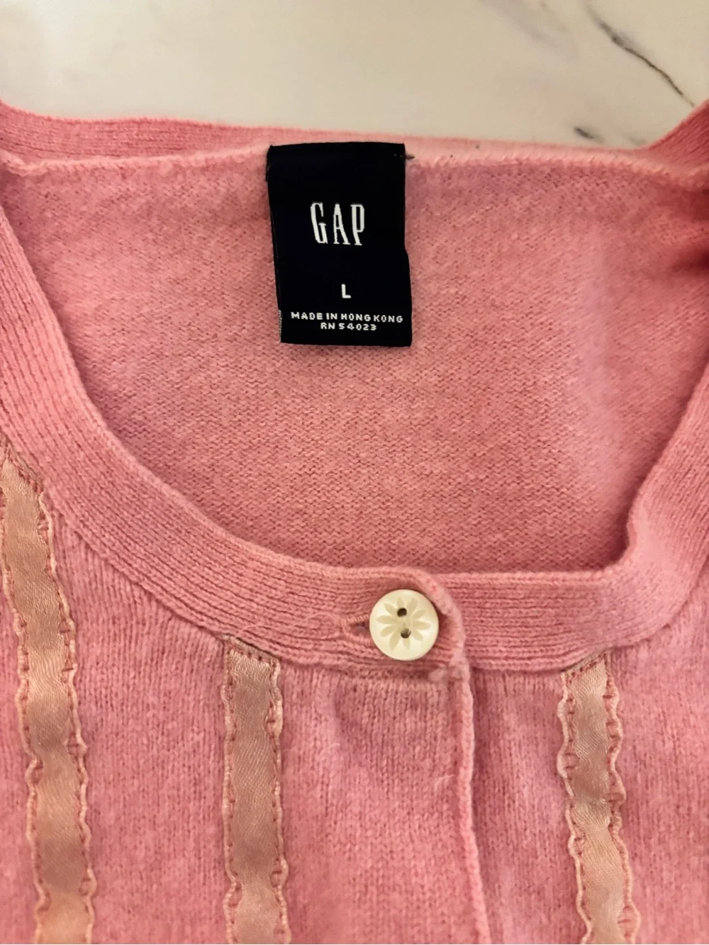 Vintage GAP Blue Label Girls L 10-12 Pink Ribbon Bow Cardigan Sweater Y2K